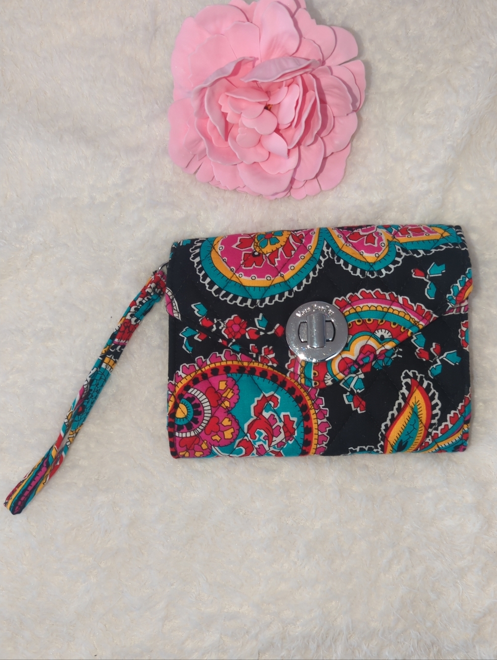 Vera Bradley Black Paisley Wristlet with Pink, Turquoise & Yellow Accents Rare